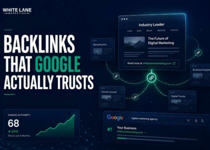 Premium SEO feature image showing backlink network connections, Google search ranking visuals, and the headline “Backlinks That Google Actually Trusts” in a dark navy corporate marketing design.