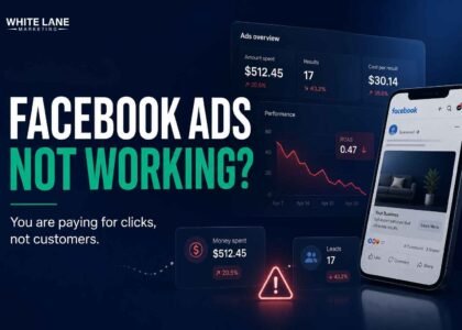 Premium Facebook Ads feature image showing declining ad performance, low ROAS analytics, and the headline “Facebook Ads Not Working?” with dark navy corporate design and Meta Ads dashboard visuals.